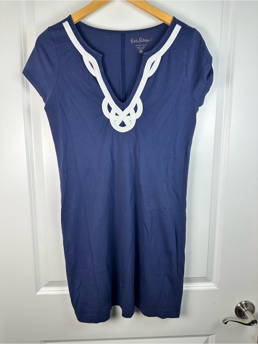 Lilly Pulitzer Brewster Navy Short-Sleeve V-Neck Tunic with White Rope Trim - Picture 2 of 6